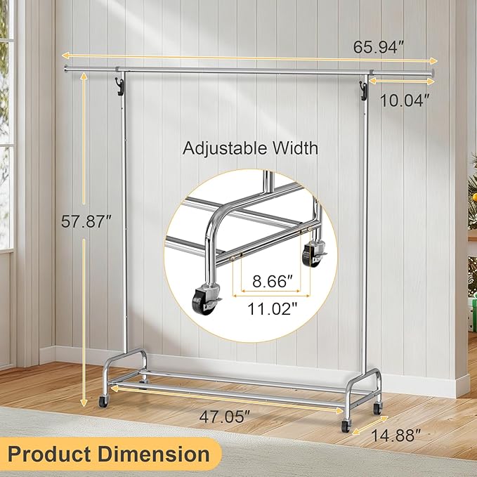 Clothing Rack Chrome, 47.05" to 65.94" Adjustable Rolling Clothing Rack, Standard Drying Garment Rack for Hanging Clothes, Metal Clothes Organizer with Wheels for Bedroom, Laundry Room, Silver