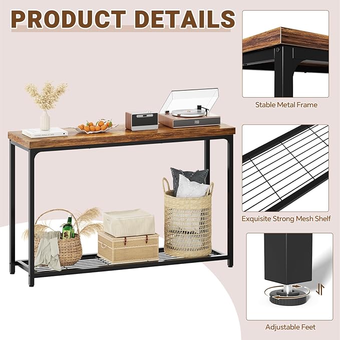Besiost 47" Console Table with 2-Tier Storage, Industrial Narrow Entryway Table, Sofa Table Behind Couch for Hallway, Foyer & Living Room, Sturdy Metal Frame, Rustic Brown