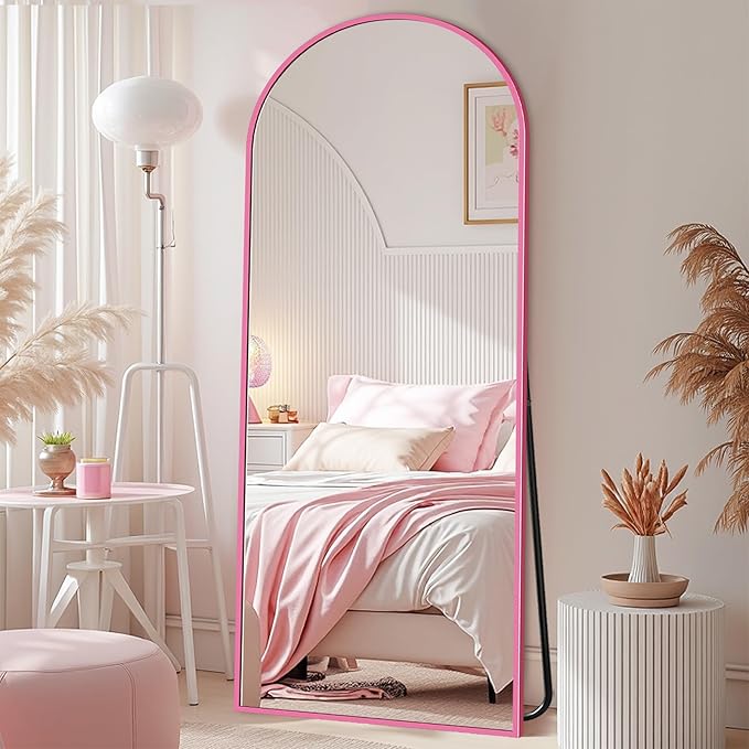 Full Length Mirror with Stand, 58"x19" Arched Full Body Mirror, Large Stand Up Aluminum Frame Floor Freestanding Hanging Leaning Mounted for Bedroom Living Room Entryway Pink