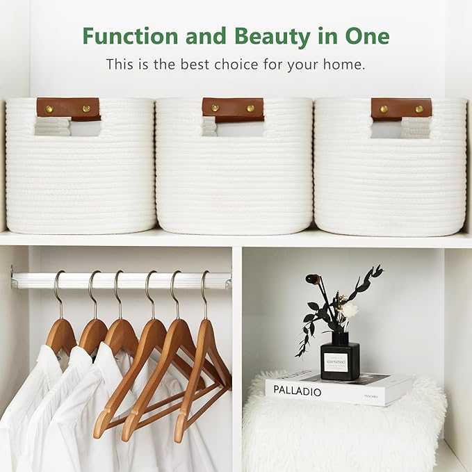ECDYQXVU Cotton Rope Basket, Storage Baskets with Handle, 15x10x9 Inch Woven Basket for Shelves, Laundry, Towels, Clothes, Books (White 3Pack)