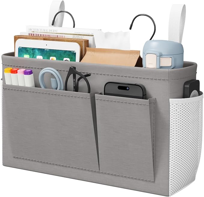 Lifewit Bedside Caddy Storage Organizer, Hanging Storage Bag with Fixed Straps, Book Remotes Holder for Home, College, Dorm, Bunk, Hospital, Crib Bed Rails, Grey