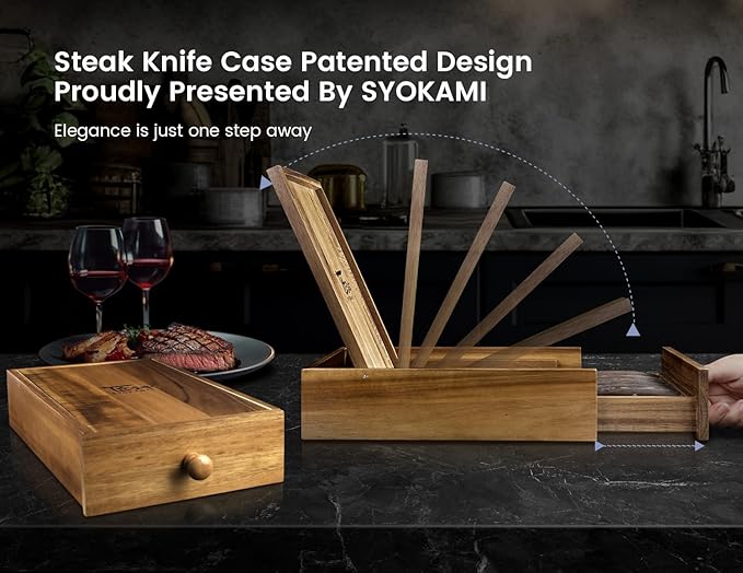 SYOKAMI Steak Knives Set of 6 with Drawer Organizer, 4.8 Inch High Carbon Japanese Style Non Serrated Meat Knife with Wood Handle, Damascus Pattern Full Tang Design, Razor-Sharp Dinner Knives