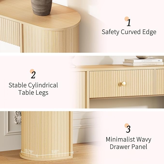 59" Fluted Console Table with 2 Drawers - Wood Entryway Table with Storage, Long Modern Sofa Tables Behind Couch with Curved Leg for Living Room, Entry, Hallway, Entrance, Foyer, Oak Natural