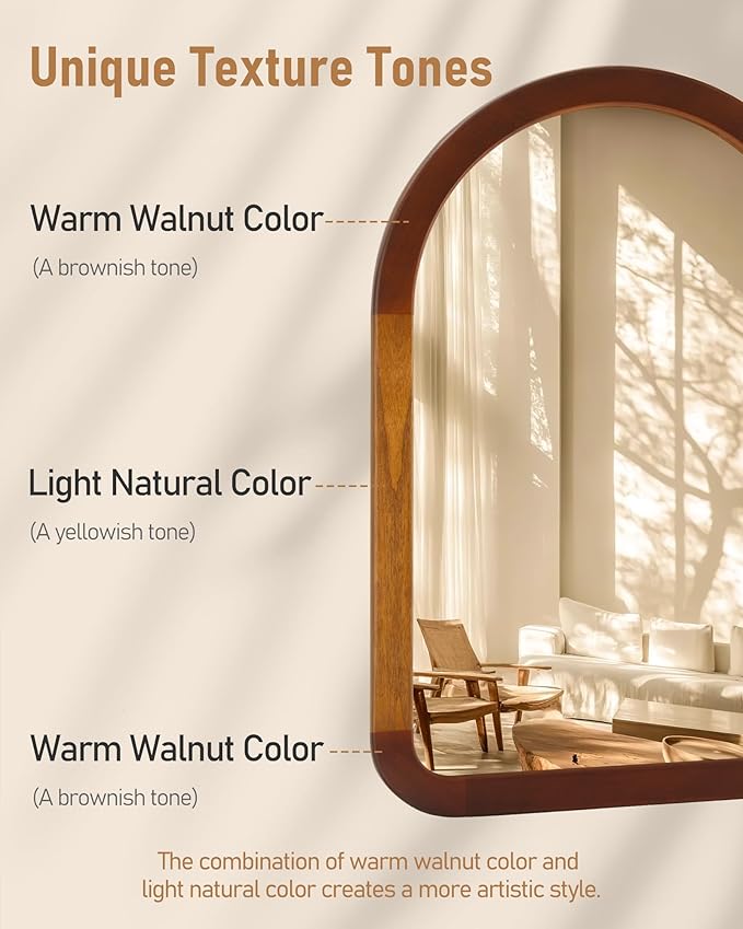 Arch Large Mirror 30 x 40 Inch,Brown Wood Rustic Bathroom Tempered Wall Mirror with Wood Frame,Round Corner Arch Farmhouse Wooden Vanity Mirror for Living Room,Entryway or Bedroom