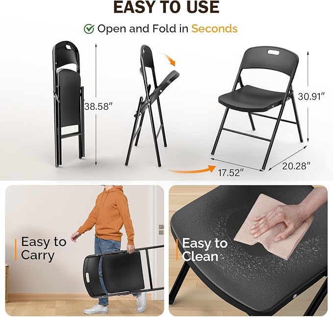 VINGLI Folding Chairs, Plastic Foldable Chair, Capacity up to 350 lbs, Portable Seating for Indoor Outdoor Events Parties Camping Work School Commercail (6, Black)