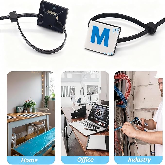50 Set Cable Zip Tie Self Adhesive Mounts Kit with 6" Zip Ties, 3/4" Wire Holders Squares, Screws - Sticky Wire Fasteners Cable Clips Management Anchors Organizer