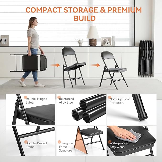 Upgrade 18% Thicker 6 Pack Folding Chair with Cushion Heavy Duty Folding Chair for Outside and Indoor Leather Padded Folding Chairs Durable Steel Frame for Home and Office Party