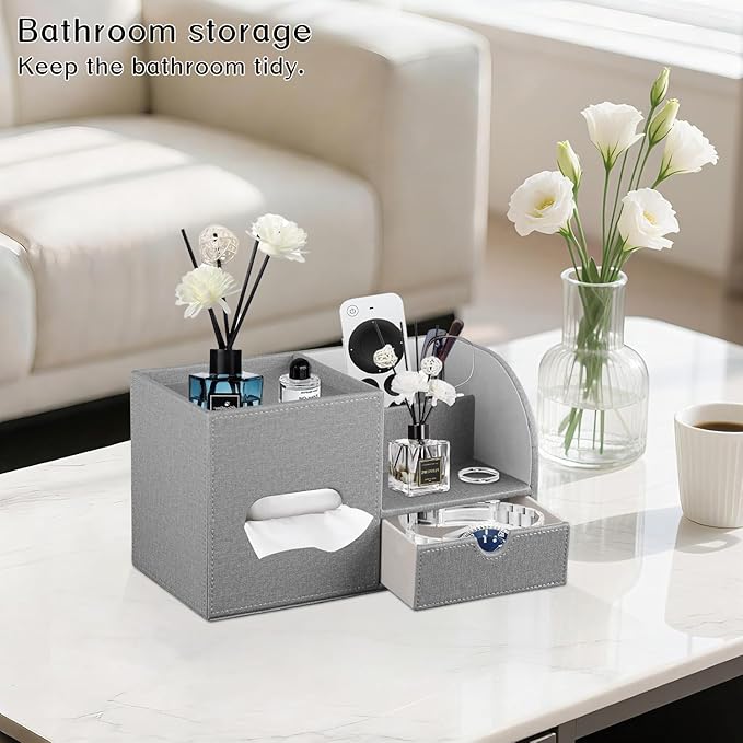 Square Tissue Box Cover with Drawer Storage and Tray on Top, PU Leather Tissues Cube Boxes Holder, Modern Nightstand Organizer Caddy, Remote Control Holder for Bathroom, Bedside, Office, Home