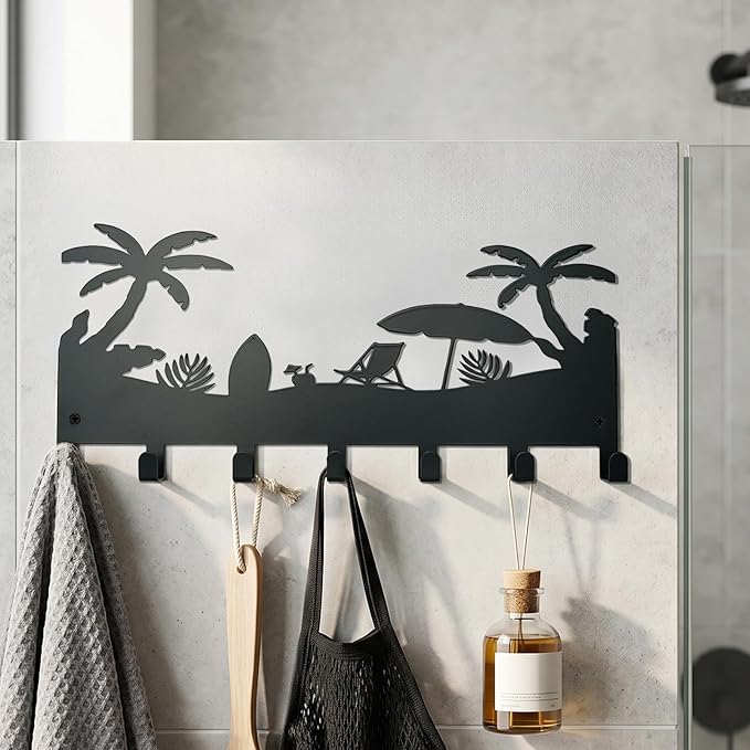 Metal Key Holder Wall Mount, Coastal Tropical Key Rack Hooks, Beach Palm Tree Sunset Wall Art Organizer for Entryway, Kitchen, Hallway, Garage, Farmhouse Home Decor & Housewarming Gift(Coconut Tree)