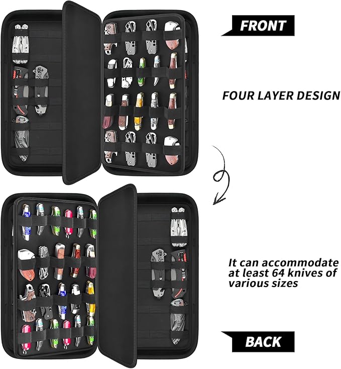 Display Case for 66+ Pocket Knives. Folding Knife Holder, Butterfly Knives Storage Organizer, Knives Roll Collection Pouch Carrier Bag for Survival Tactical Outdoor for EDC Mini Knife (Box Only)