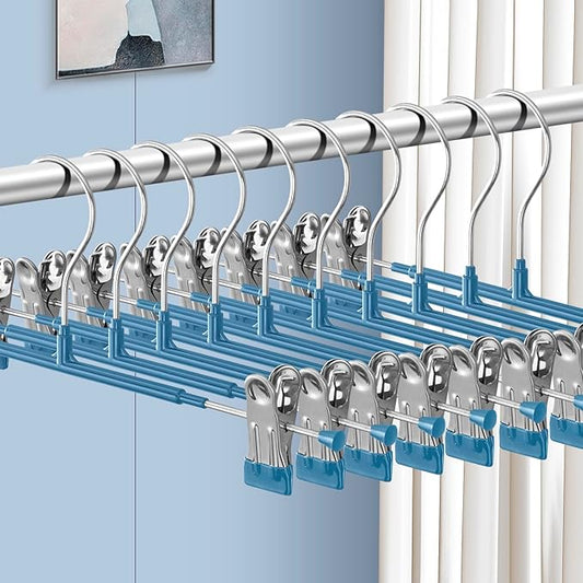 14Inch Blue Pants Hangers with Clips 10 Pack Adjustable Skirt Hangers for Women Non-Slip Trousers Hanger for Jeans Clothes Hangers for Pants Heavy Duty Space Saving Shorts Hangers