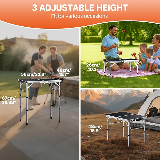 FUNYKICH 2ft Small Folding Camping Table(L22.8'' xW15.7''), 3 Height Adjustable Portable Picnic Table, Lightweight Aluminum Outdoor Tables with Carry Handle for Camping, Picnic, Silver