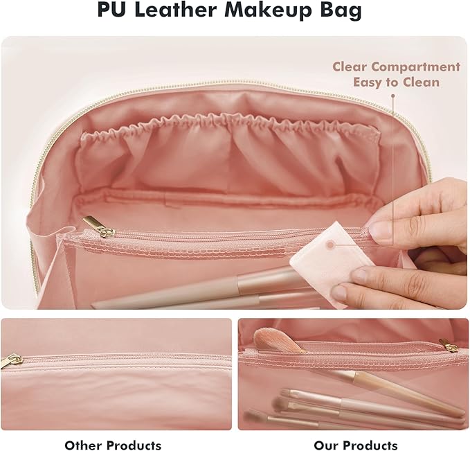 Prite Makeup Bag for Women Travel Waterproof Vegan Leather Cosmetic Bag Open Flat Toiletry Bag With Clear Divider and Handle (Pink, Large)