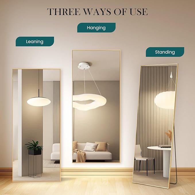 NEWBULIG 64"x21" Full Length Mirror, Full Body Floor Mirror with Aluminum Alloy Thin Frame, Wall or Standing Mirror for Bedroom, Living Room, Dressing Room, Gold-Rect