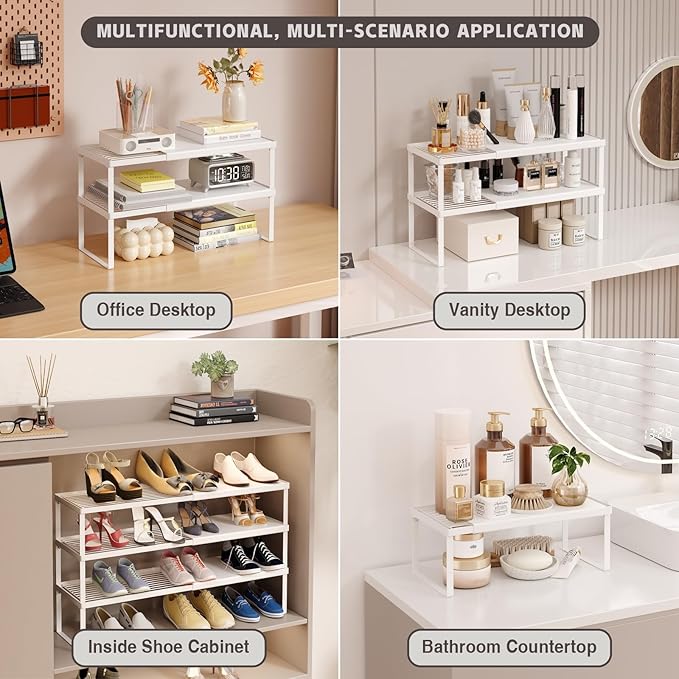 Magheo Expandable Cabinet Shelf Organizer, 2 Pack Stackable Kitchen Counter Shelf Riser, Metal Spice Rack Heavy Duty Countertop Organizer Storage for Kitchen, Pantry, Cupboard, Rv (5.9in Height,White)