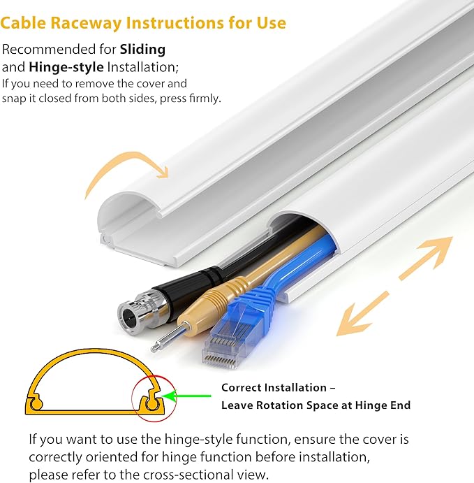 D Cord Hider for Wall Mount TV, 56.8in(4 x L14.2in) Self-Adhesive Cable Hider Kit, PVC Cord Covers for Wires on Wall, White Cable Raceway, Paintable Wire Hiders, 1.2" W x 0.55" H