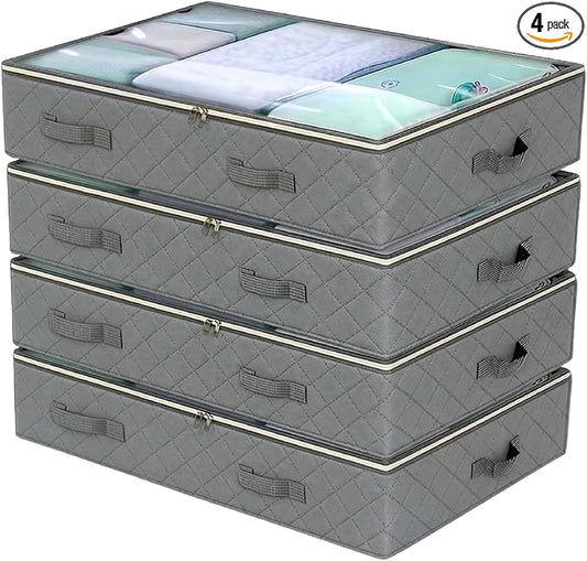4 Pack Under Bed Storage, Closet Organizers and Storage Containers with Clear Window Foldable Underbed Storage Bags for Clothes,Shoes, Blankets Pillows, Linen Sheets, Dark Grey