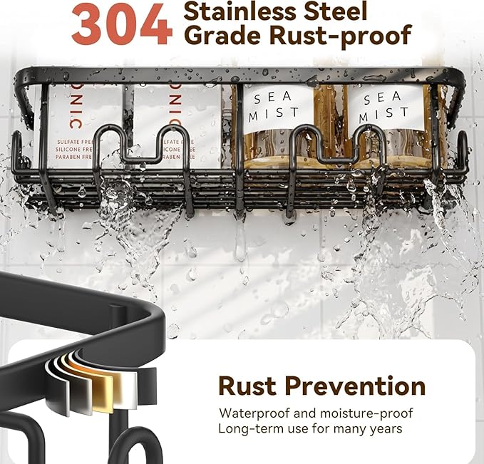 YASONIC Shower Caddy Adhesive 5-Pack, Rustproof Shower Organizer with Holder, No Drilling Shower Shelves for Inside Shower, Large Capacity Bathroom Organizers and Storage for Home & Renters, Black