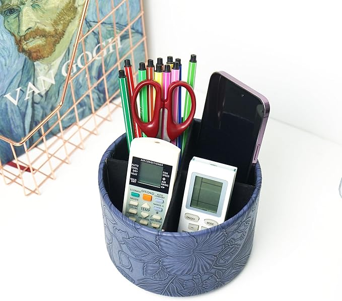 Round Leather Art Supply Organizer,Remote Control Holder,360 Degree Spinning,Multi-Functional Pencil Holder,4 Compartments Desktop Stationary Organizer(1-Carved Blue)