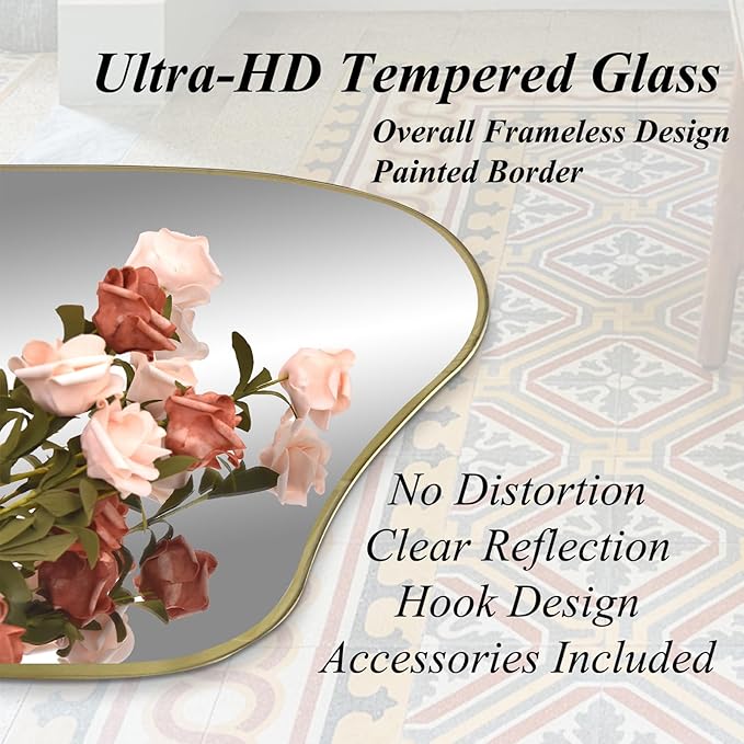 Irregular Wall Mirror, 54.5"x24" Asymmetrical Tempered Glass Mirror, Large Organic Shape Frameless Mirrors for Living Room Bedroom Hallway Entryway, Horizontal or Vertical Hanging