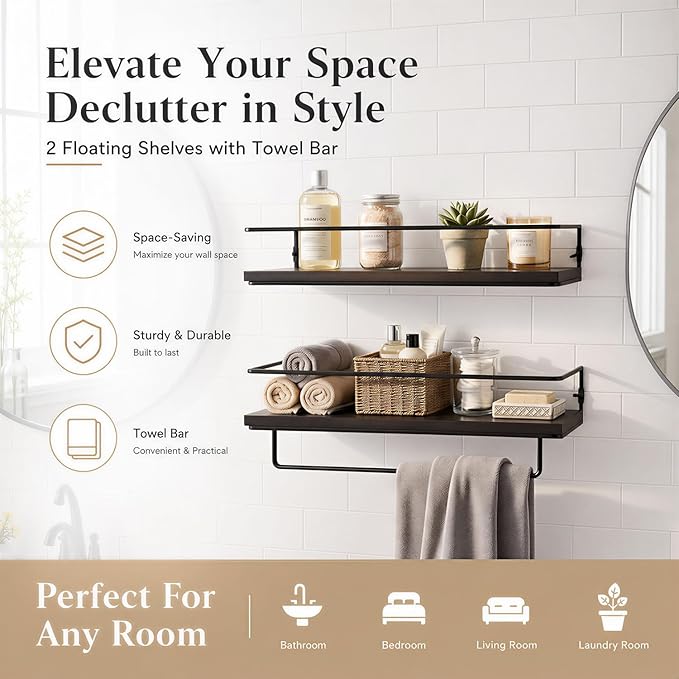 Floating Bathroom Shelves Set of 2 Wall Mounted Shelf with Black Metal Frame and Towel Rack for Bathroom Over Toilet Storage and Organizers for Bedroom Living Room Kitchen Office