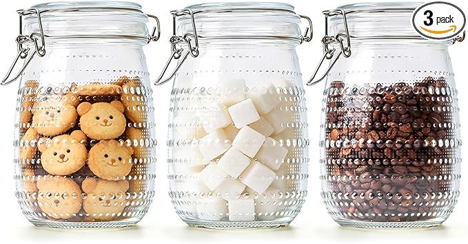 ComSaf 34oz 3 Pack Vintage Hobnail Decorative Glass Canisters with Airtight Clamp Lidsfor Coffee Bar, Tea Station and Kitchen Gift, Wide Mouth Clear Jars for Sugar, Snacks, and Countertop Display