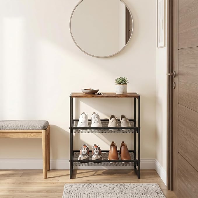 Shoe Rack，3 Tier Shoe Storage Organizer，Sturdy Shoe Shelf,Boot Rack with a Fine Mesh Shelves，for Entryway, Living Room, Hallway，Small Space,11.8 x 16.5 x 19.7 Inches,Brown