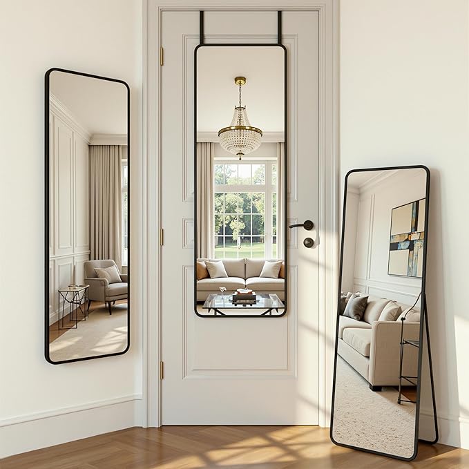 Antok 49''x 15''Full Length Mirror Over Door, 4-in-1 Standing Leaning Wall Mounted, Adjustable Hanging Mirror for Bedroom Living Room, Black, Rounded Corner