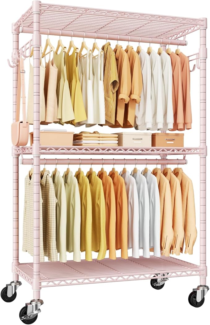 ULIFHOME P1 Rolling Closets with Wheels and Shelves, Portable Closet Wardrobe for Clothes Hanging, Pink Clothing Storage and Organizer System for Bedroom, 35.5" W x 15.7" D x 80.5" H, Hold 500lbs