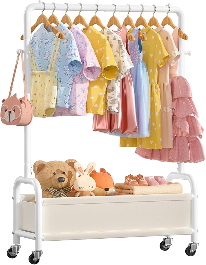Kids Clothing Rack with Storage Shelf & Wheels, Kids Dress Up Rack Storage for Coats, Small Baby Garment Rack for Hanging Clothes, Toddler Wardrobe Closet Organizer for Kids (Classic, White)