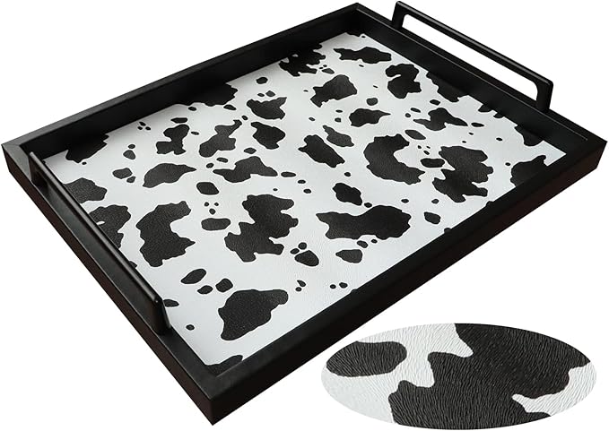 MCBZ Living Room Decorative Tray, Serving Tray, Coffee Table Tray, Leather Tray, Hardware Handle 16.5 x 12.6 inches (Black)