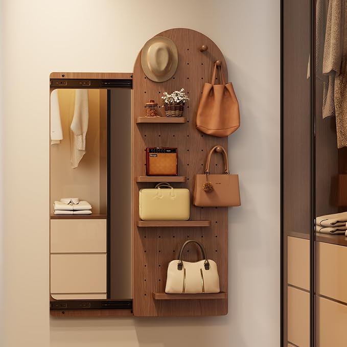 KungFuWood Full Length Mirror with Shelf and Hooks,Entry Way Mirrors for Wall,Wall Mirror with Shelf,Wall Mirror with Storage Multifunctional Design Panel,Living Room (Deep Walnut, 52.4" L x 19" W)