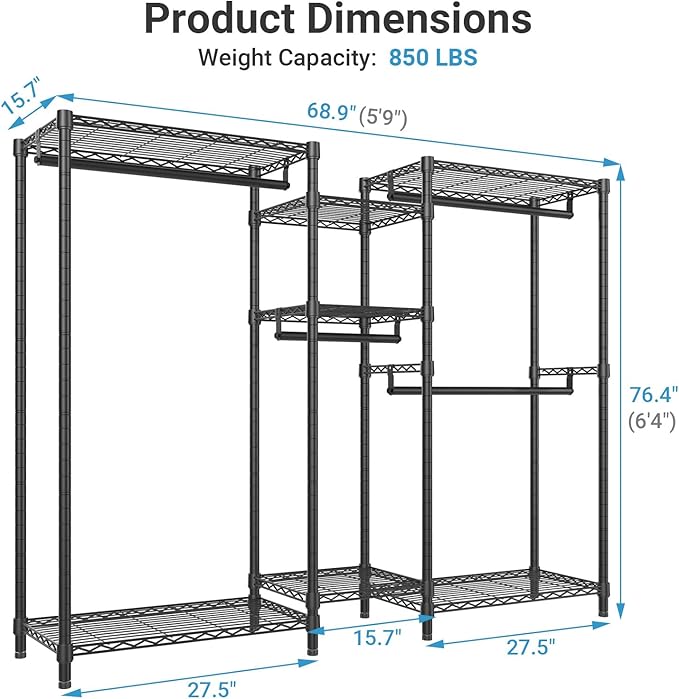 VIPEK Classic V6 Heavy Duty Clothes Rack, 7-Tier Garment Rack with Adjustable Shelves, Portable Closet Organizer with 4 Hanging Rods, Space-Saving, 850lbs Capacity, 68.9" L x 15.7" W x 76.4" H, Black