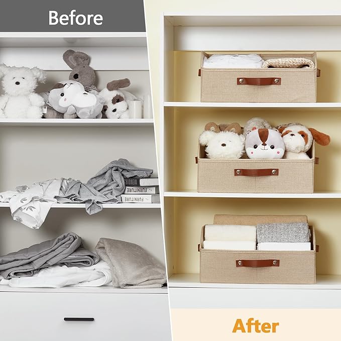 Bagnizer Closet Organizers and Storage, Linen Trapezoid Storage Bins with Handles, Collapsible Shelf Organizer for Blanket, Towel, Clothes, Hats, Purse (Khaki)