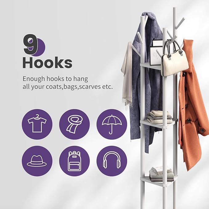 Rotating Coat Rack, Freestanding Coat Rack with 3 Shelves and 9 Hooks Clothes Organizer Coat tree for Bedroom, Entryway, Livingroom (Black)