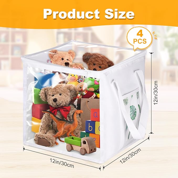 4 Pack Clear PVC Storage Bins with Handles - 12" x 12" Cube Storage Bins Foldable Transparent Storage Box, PVC Organizer Boxes for Clothes, Toys and Stuffed Animal Storage (White)