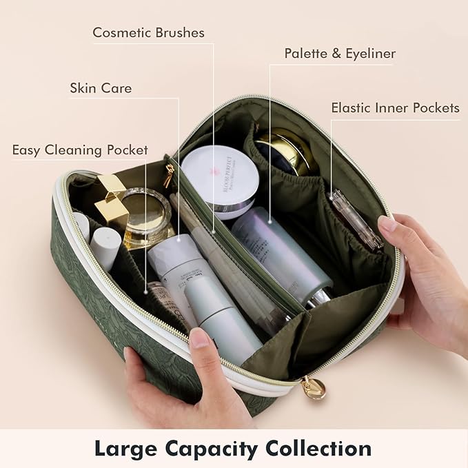 Prite Makeup Bag for Women Travel Waterproof Vegan Leather Cosmetic Bag Open Flat Toiletry Bag With Clear Divider and Handle (Green Flower, Medium)