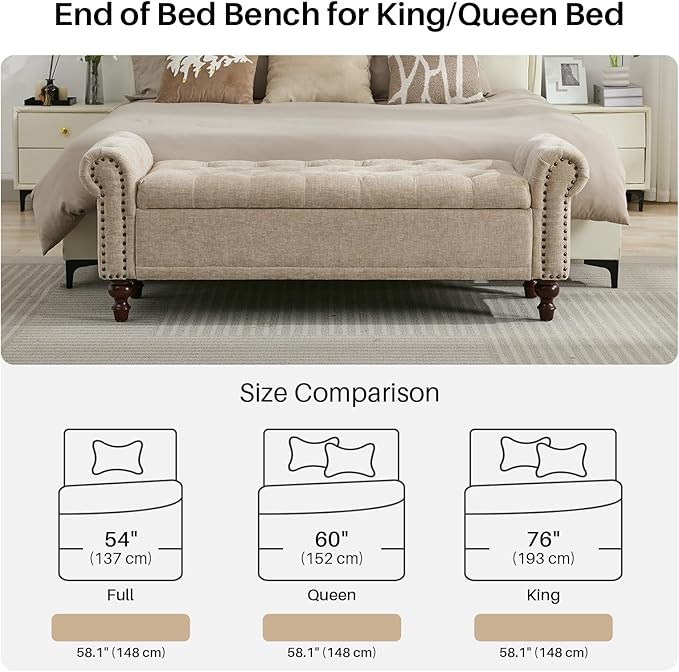 SOFTHION 58.1" Storage Bench Upholstered Chenille End of Bedroom Bed Bench Ottoman with Tufted Cushioned Rolled Arm Large Storage Space for Reading Living Room Entryway, Light Brown