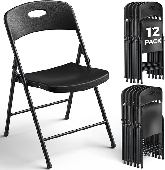 12 Pack Black Folding Chair, Plastic Portable Stackable Commercial Seats with Steel Frame 350lb, Heavy Duty Foldable Chair for Indoor and Outdoor, Patio, Office, Picnic, Kitchen, Events