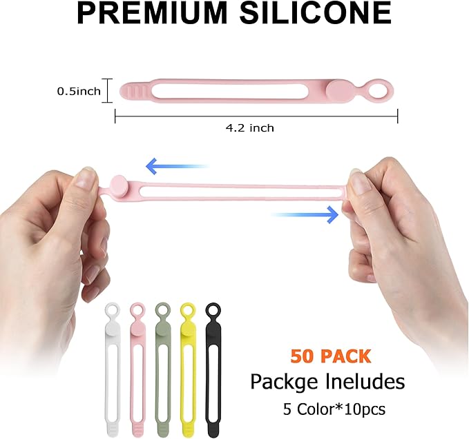 50Pcs Silicone Cable Ties Cord Organizer for Bundling Earphone, Phone Charger, Computer Cords, Reusable Wire Organizer Cable Management in Home,Office,Kitchen,School (5 Colors)