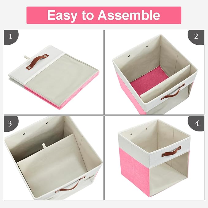 Bagnizer Storage Cubes, 4 Pack Linen Foldable Storage Bins (13 x 13 inch) with Clear Window and Handles, Fabric Organizer for Shelf Closet, Clothes, Books - (Pink and White)