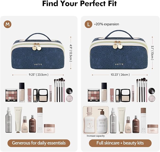 Prite Makeup Bag for Women Travel Waterproof Vegan Leather Cosmetic Bag Open Flat Toiletry Bag With Clear Divider and Handle (Blue Flower, Large)