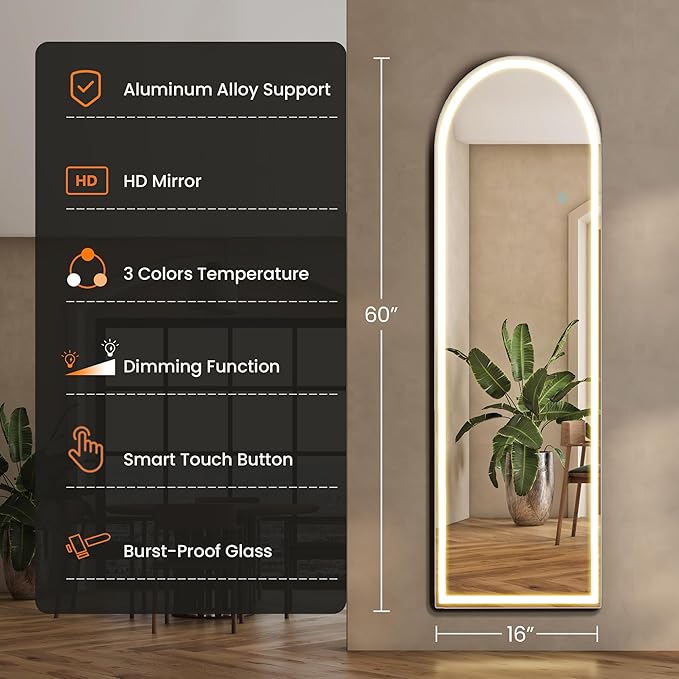 NEWBULIG 60"x16" Arched Full Length Mirror with Light, 3 Color Lighting Full Body Floor Mirror with Aluminum Alloy Thin Frame, Wall or Standing Mirror for Bedroom, Living Room, Dressing Room, White