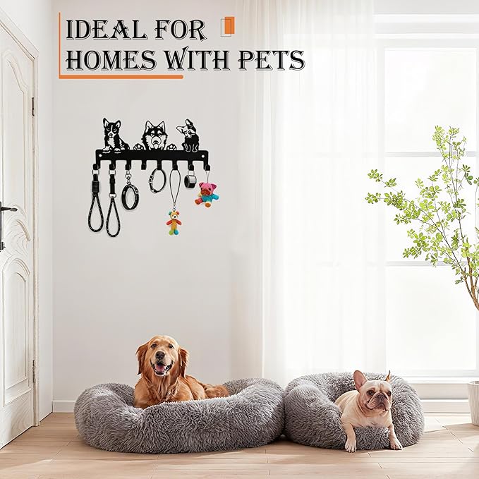 Dog Leash Holder for Wall, Key Holder Wall Mount with 8 Metal Hooks, Key Hooks for Wall, Screw Mounted Rust Resistant Entryway Organizer for Leashes Keys Bags Hats Collars