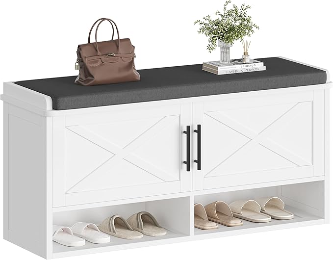 Farmhouse Shoe Storage Bench with Cushion, Entryway Bench with Adjustable Shelves and Open Bottom Shelf, Hidden Shoe Cabinet Storage for Entryway, Hallway, Living Room, Bedroom, White