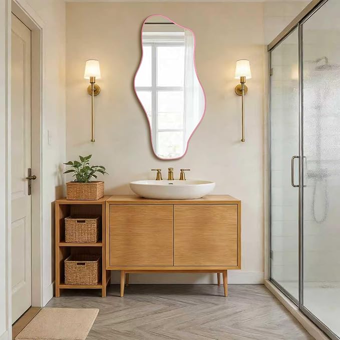 Irregular Tempered Glass Mirror, 47.2"x24" Pink Asymmetrical Aesthetic Wall Mirror, Modern Organic Shape Frameless Mirrors for Living Room Hallway Entryway, Horizontal or Vertical Hanging