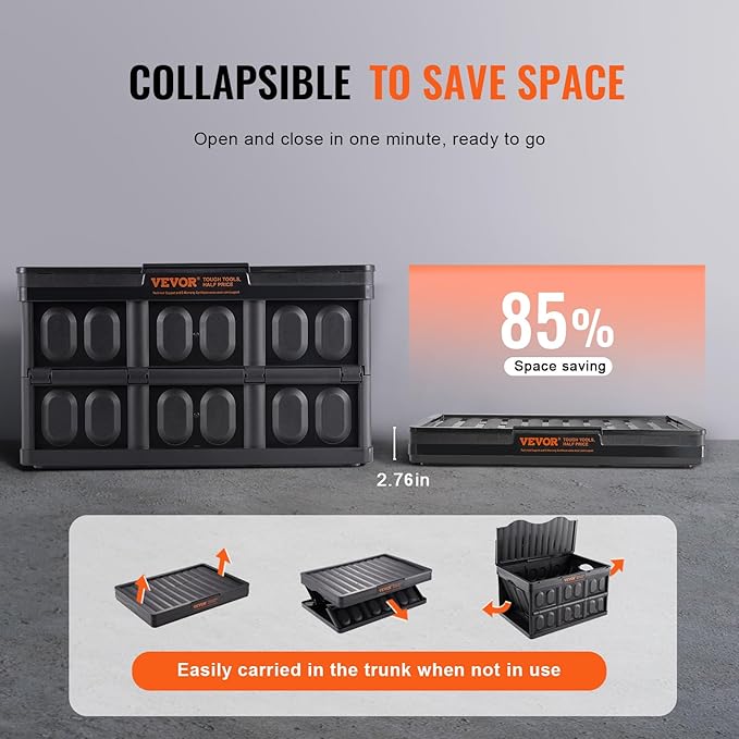 VEVOR 65L Collapsible Storage Bins with Lids 3 Packs, Stackable Utility Crates with Handles, Large Folding Containers for Organizing Tools, Books, Food, Drinks, Camping&Transport