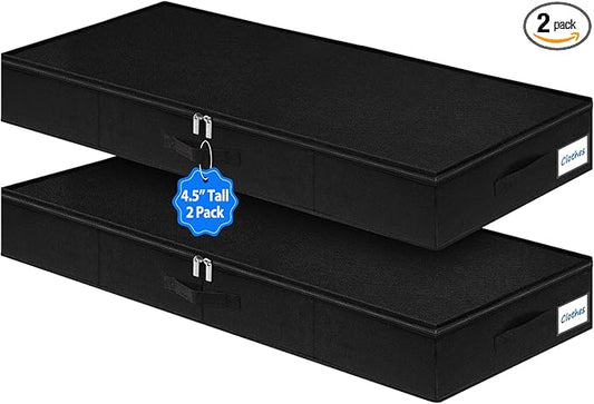 4.5-Inch Tall Under Bed Storage Container, Low Profile Underbed Storage Bin, Thin Clothes Storage Organizer with Rigid Sides & Bottom, Shallow Storage for Under Couch & Dresser Space, 2-pack, Black