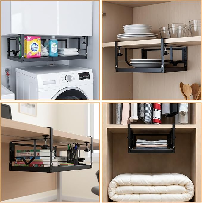 WELTOKE Under Shelf Storage Basket Organizer, Expandable Under Cabinet Shelf,Heavy Duty Metal Cabinet Hanging Shelf For Kitchen Cupboard Cabinet Pantry Laundry Desk Bookshelf Garage, Black(1 Pack)