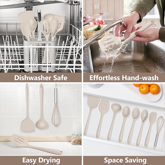 TeamFar Silicone Cooking Utensils Set, 8 PCS Kitchen Utensils Set, 446°F Heat Resistant, Turner, Spatula, Spoon, Whisk, Kitchen Cooking Gadgets Tools for Nonstick Cookware, Dishwasher Safe-Khaki